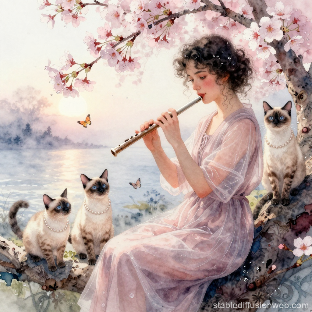 Sakura Flute Lady with Pearl-Adorned Cats