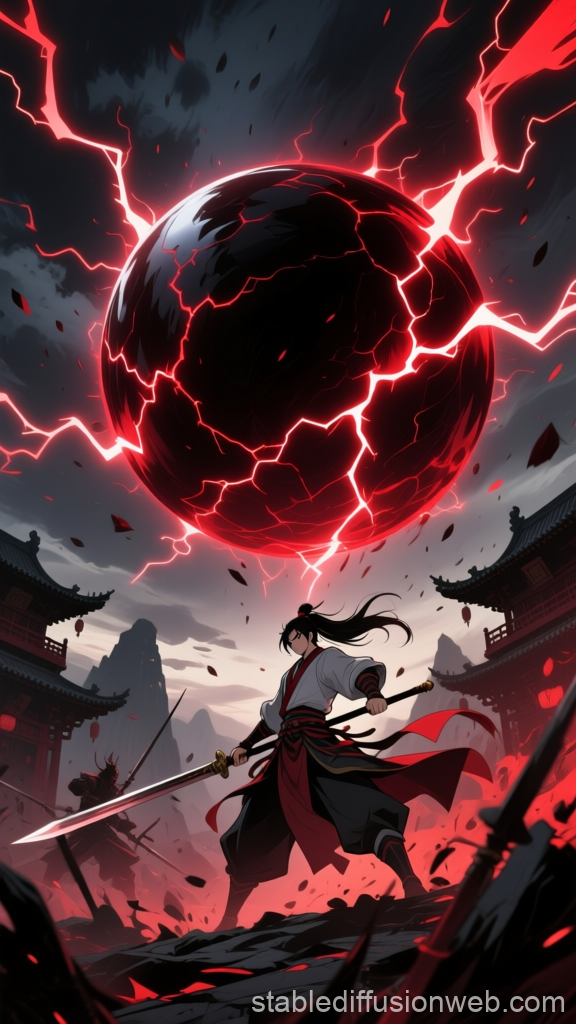Samurai Facing a Giant Cracked Energy Sphere