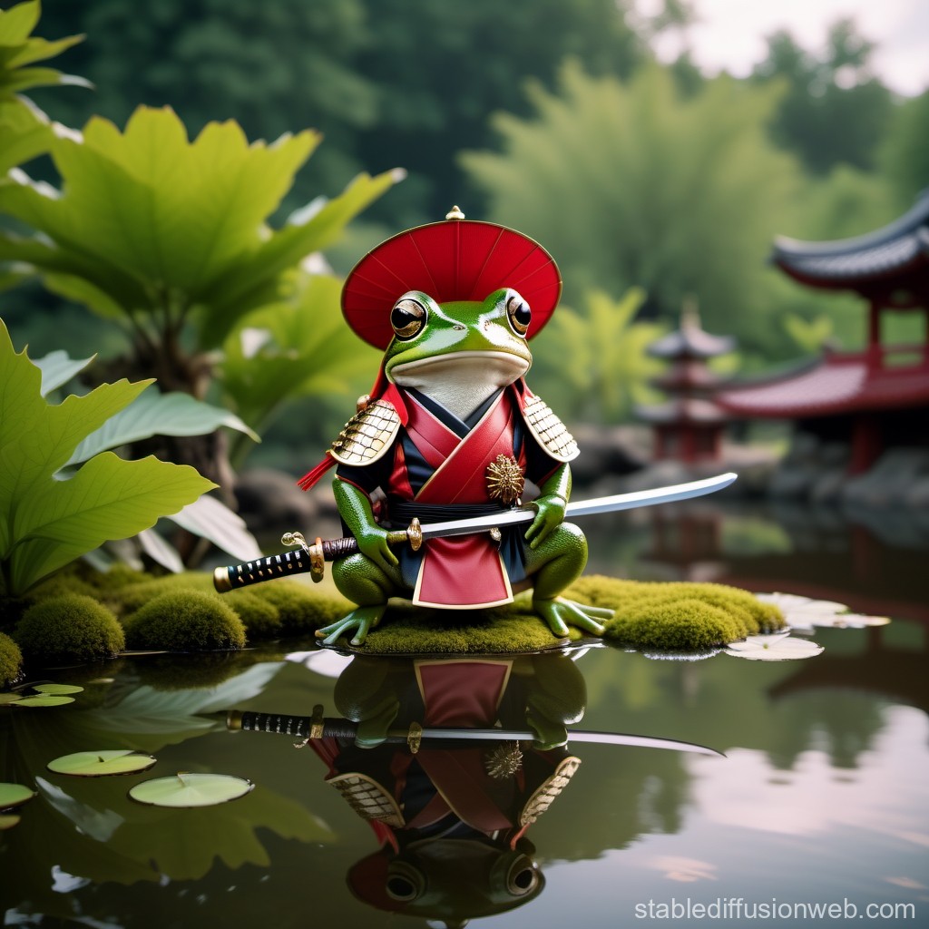 Samurai Frog Warrior by a Serene Pond
