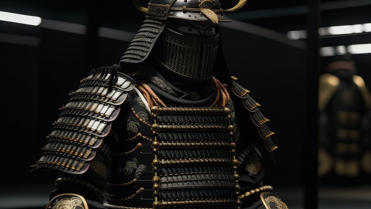 Samurai in Detailed Black Armor with Gold Accents
