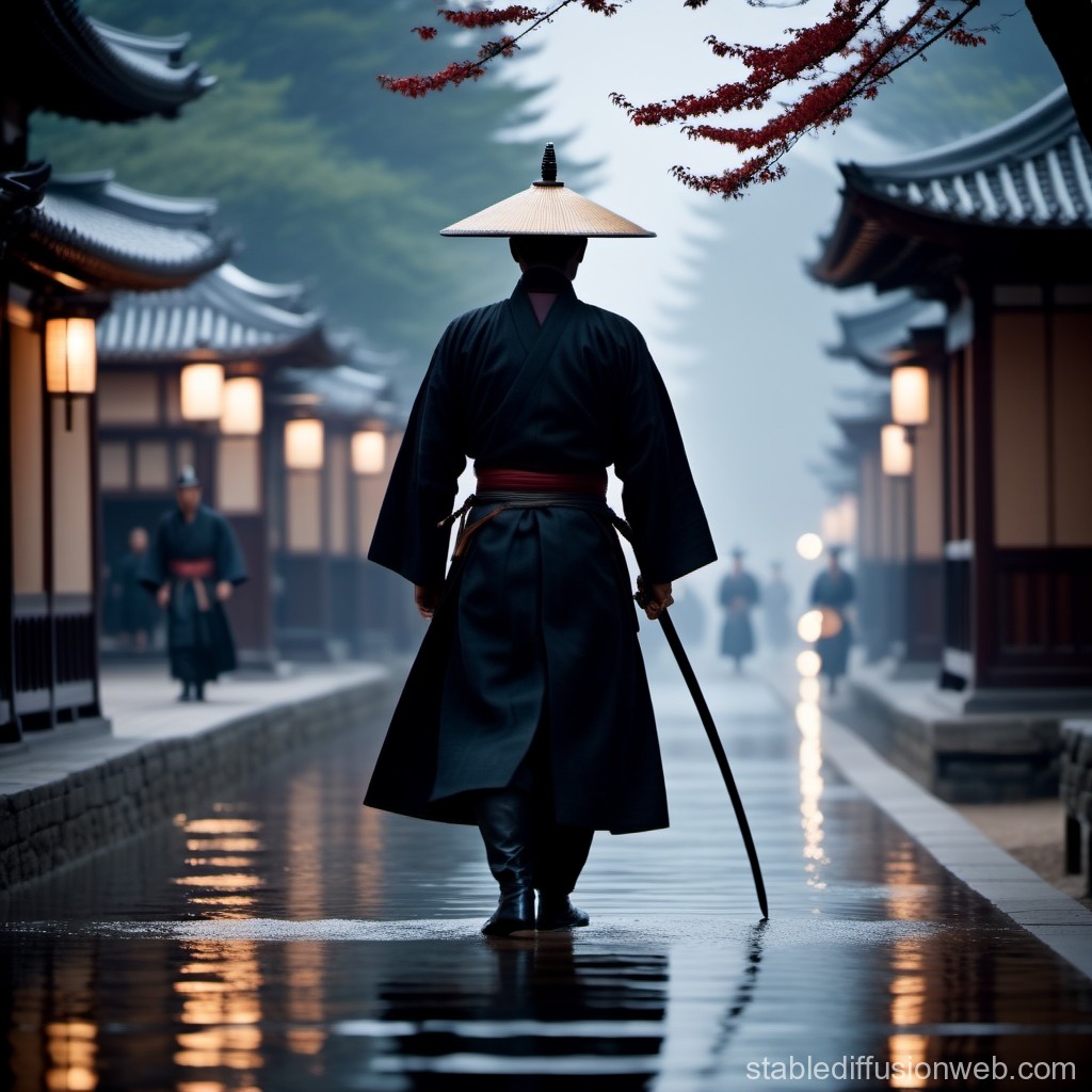 Samurai Walking Through Traditional Japanese Village at Dawn