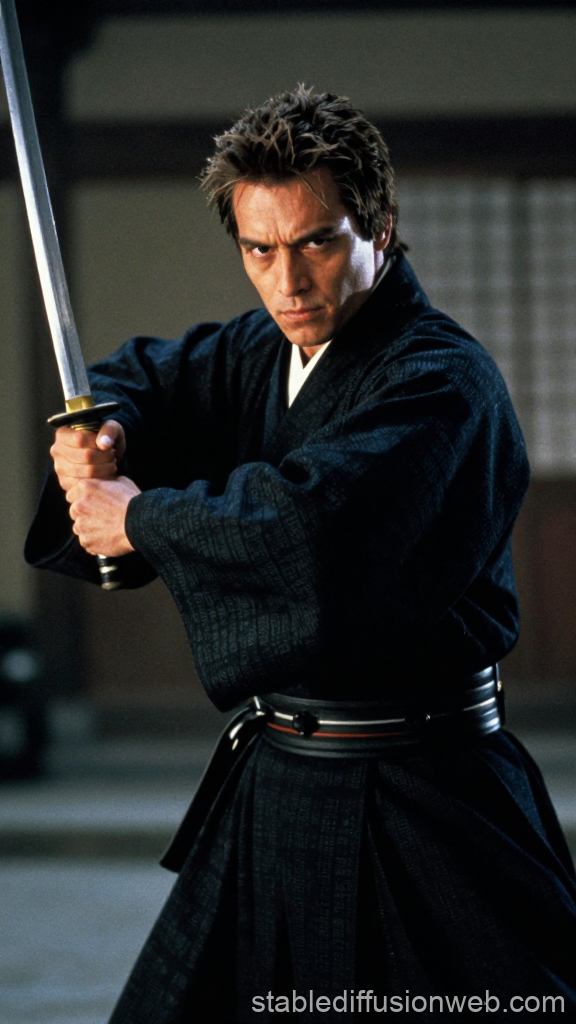 Samurai Warrior in Traditional Black Kimono with Sword