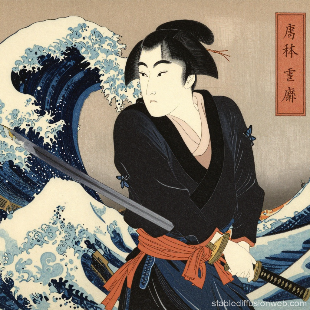 Samurai with Katana Amidst Ocean Waves