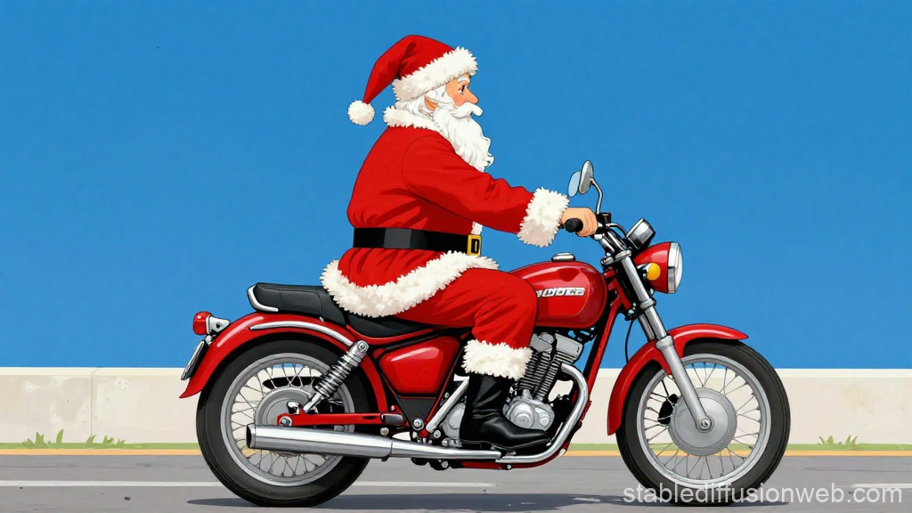 Santa Claus Riding a Red Motorcycle on a Clear Day