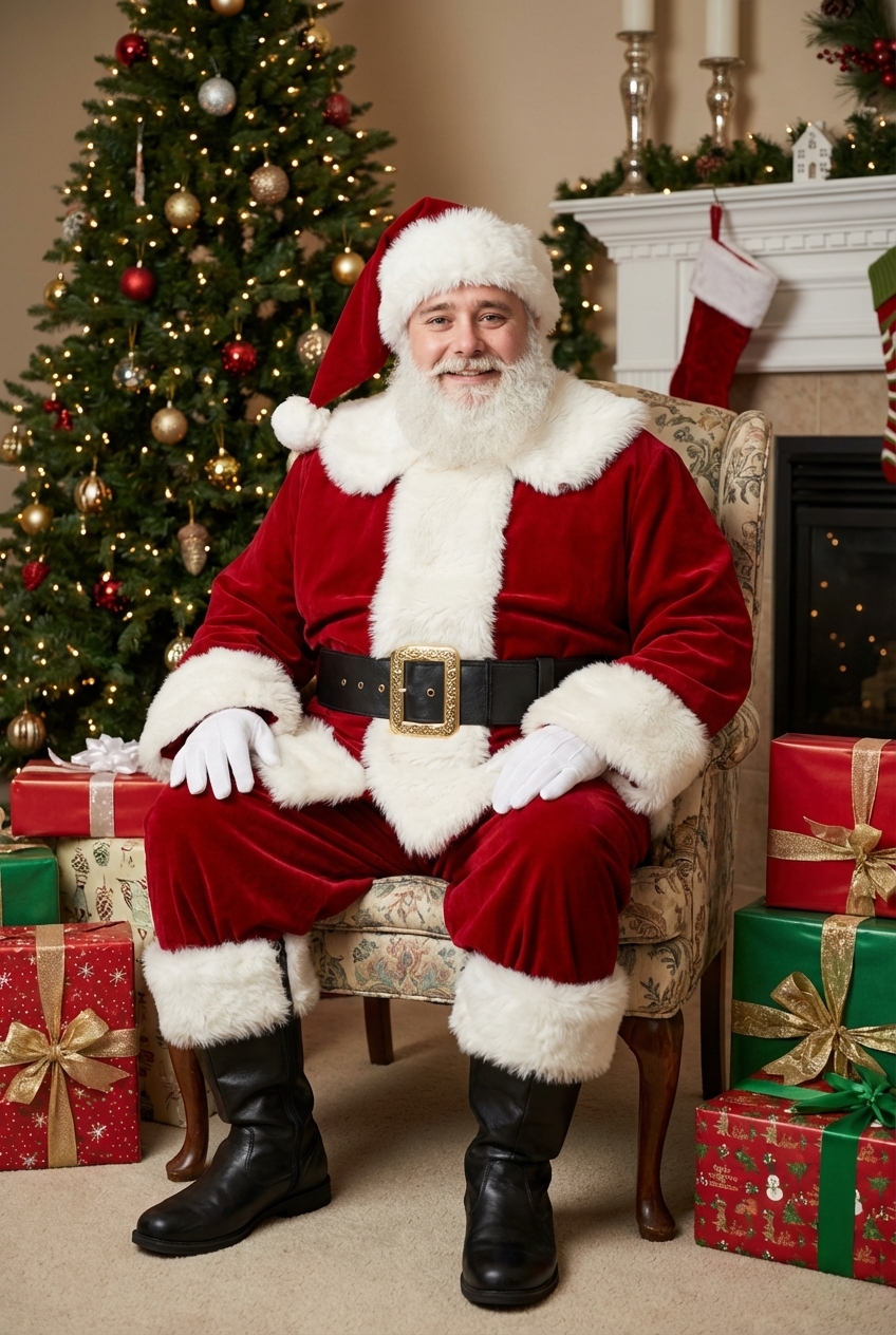 Santa Claus Sitting by Christmas Tree with Gifts
