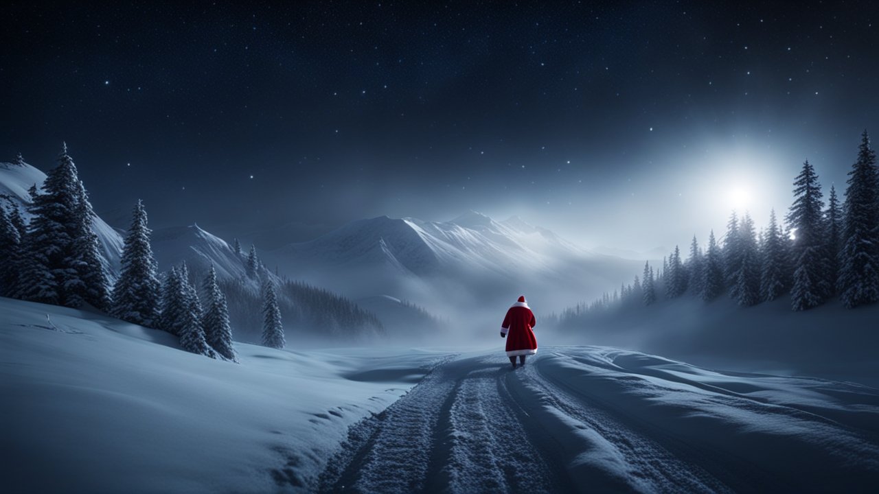 Santa Claus Walking Through Snowy Mountain Night