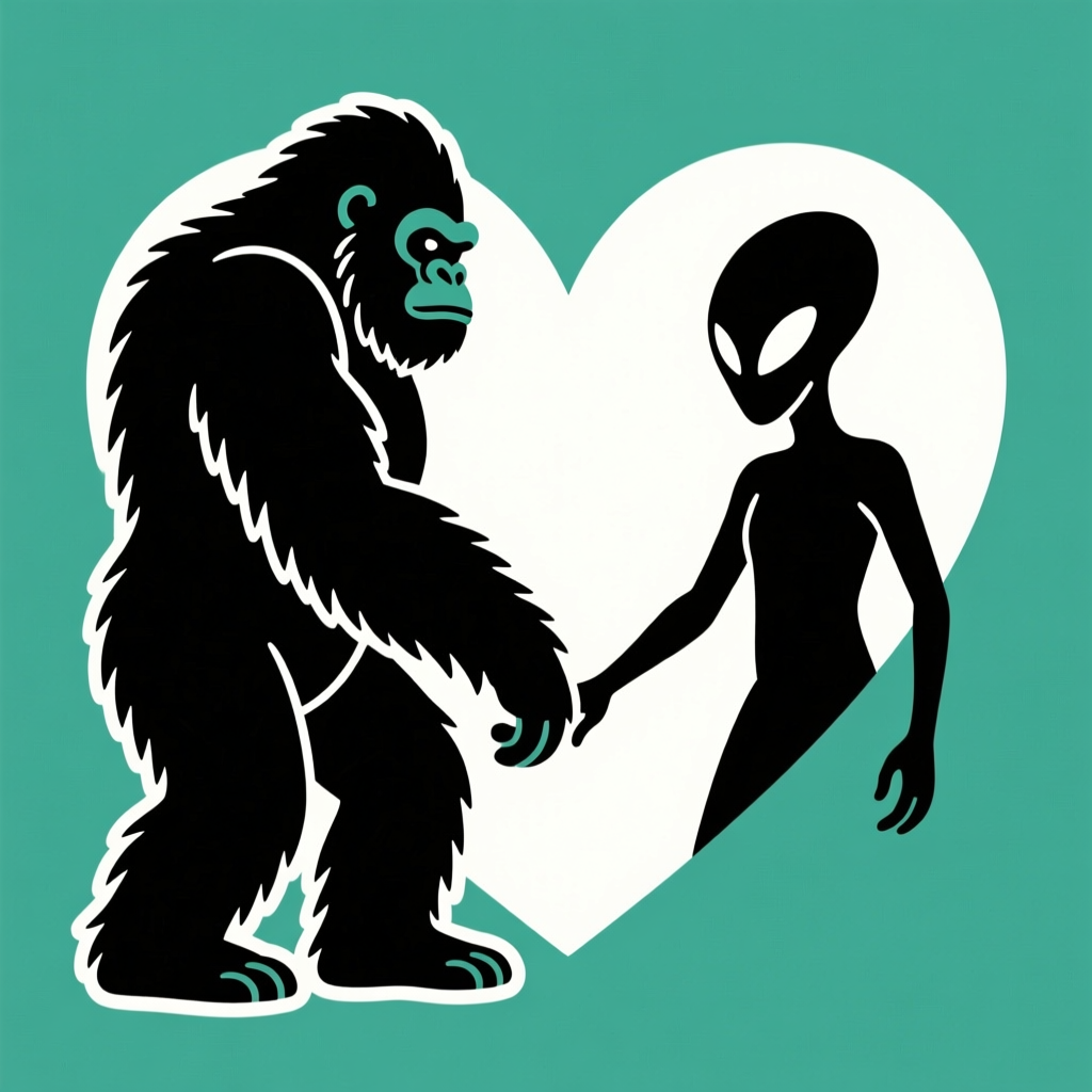 Sasquatch and Alien Holding Hands with Heart Background