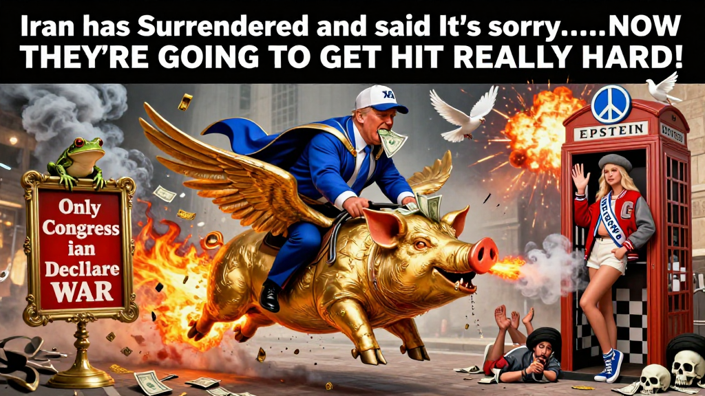 Satirical War Pig Trump Riding a Golden Flying Pig