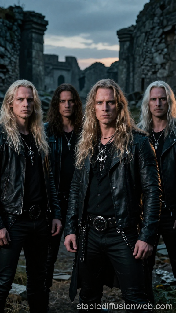 Scandinavian Metal Band in Ruins at Dusk