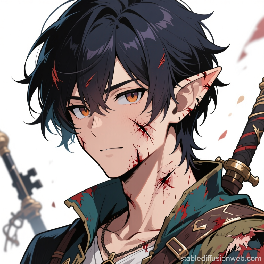 Scarred Elf Warrior with Sword in Anime Style