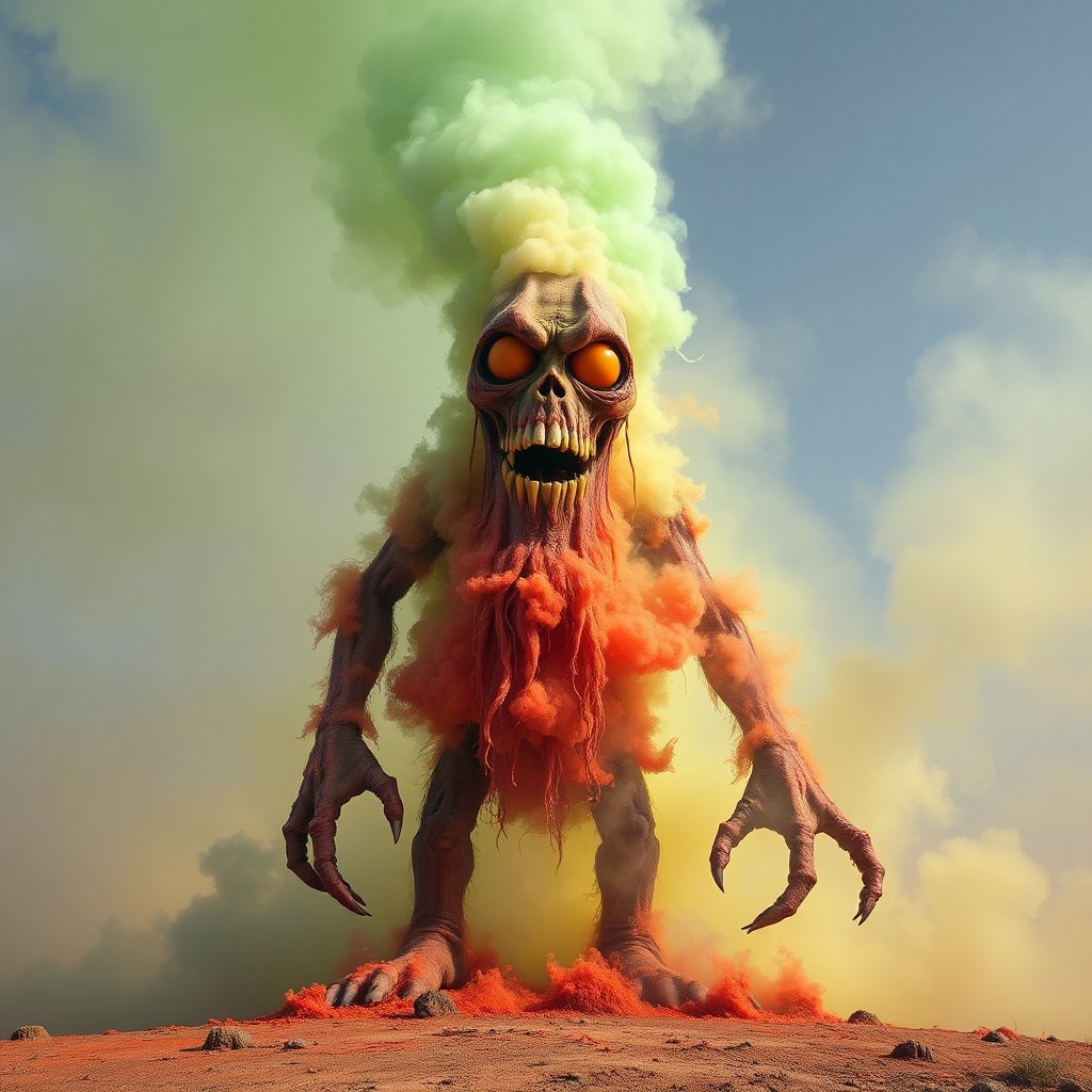 Scary Giant Mefistofeles with Glowing Eyes and Colorful Smoke