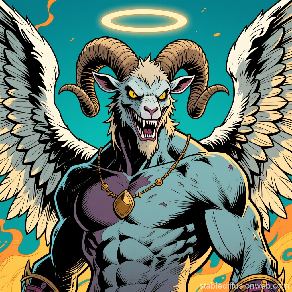 Scary Muscular Caprine Angel with Wings and Halo