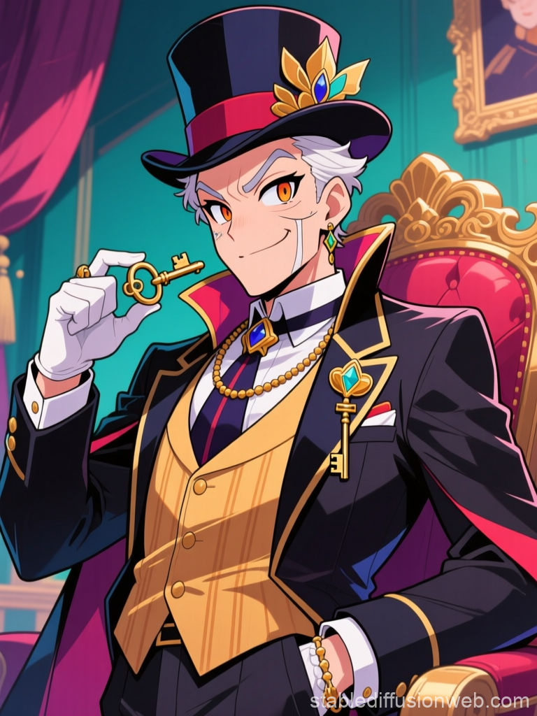 Scheming Politician in Elegant Attire Holding a Key