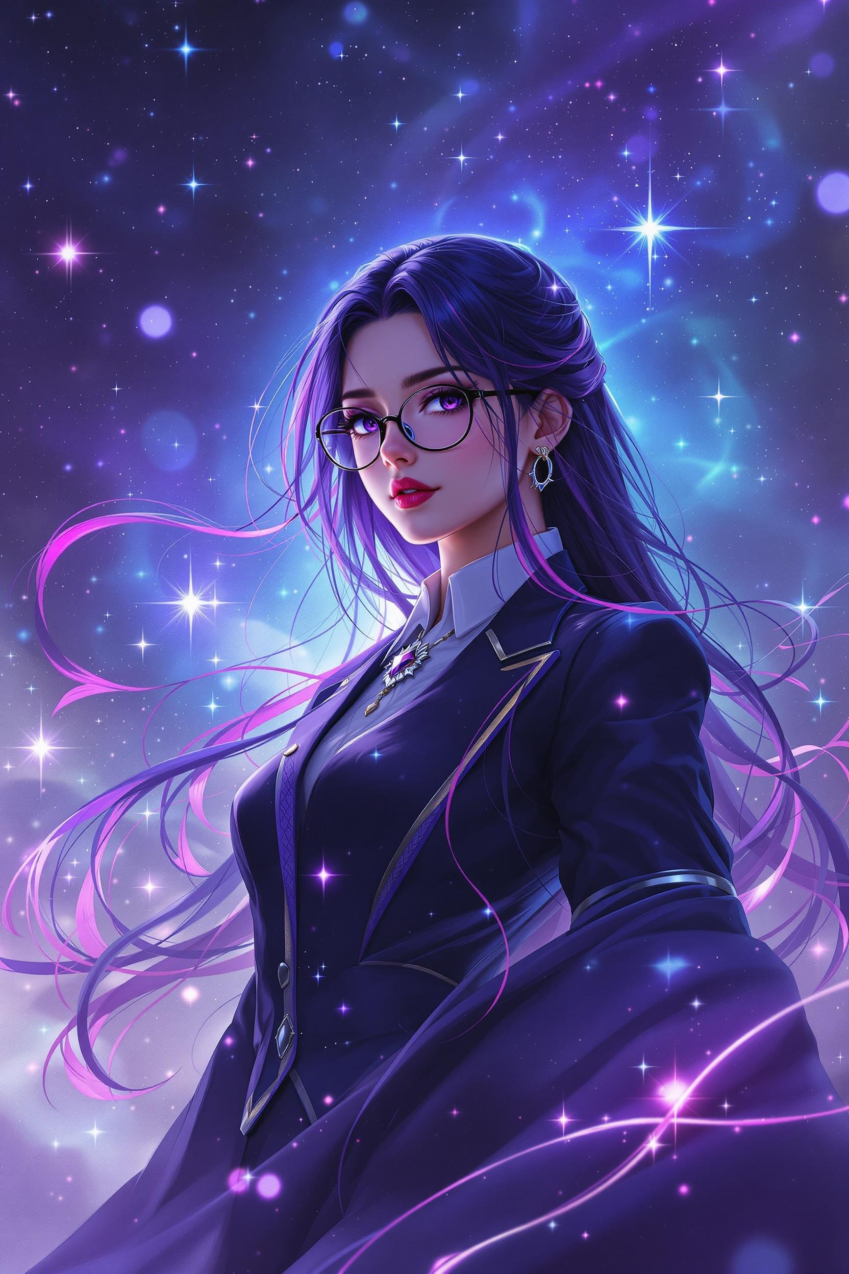 Scholarly Woman with Mystical Purple Hair in Starry Night