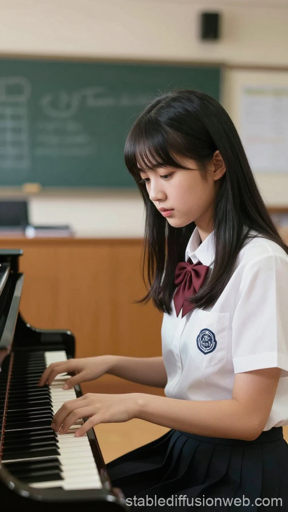 Schoolgirl Playing Piano in Classroom
