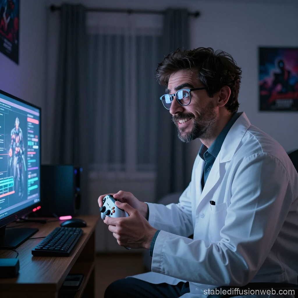 Scientist Enthusiastically Playing Video Games in Lab Coat