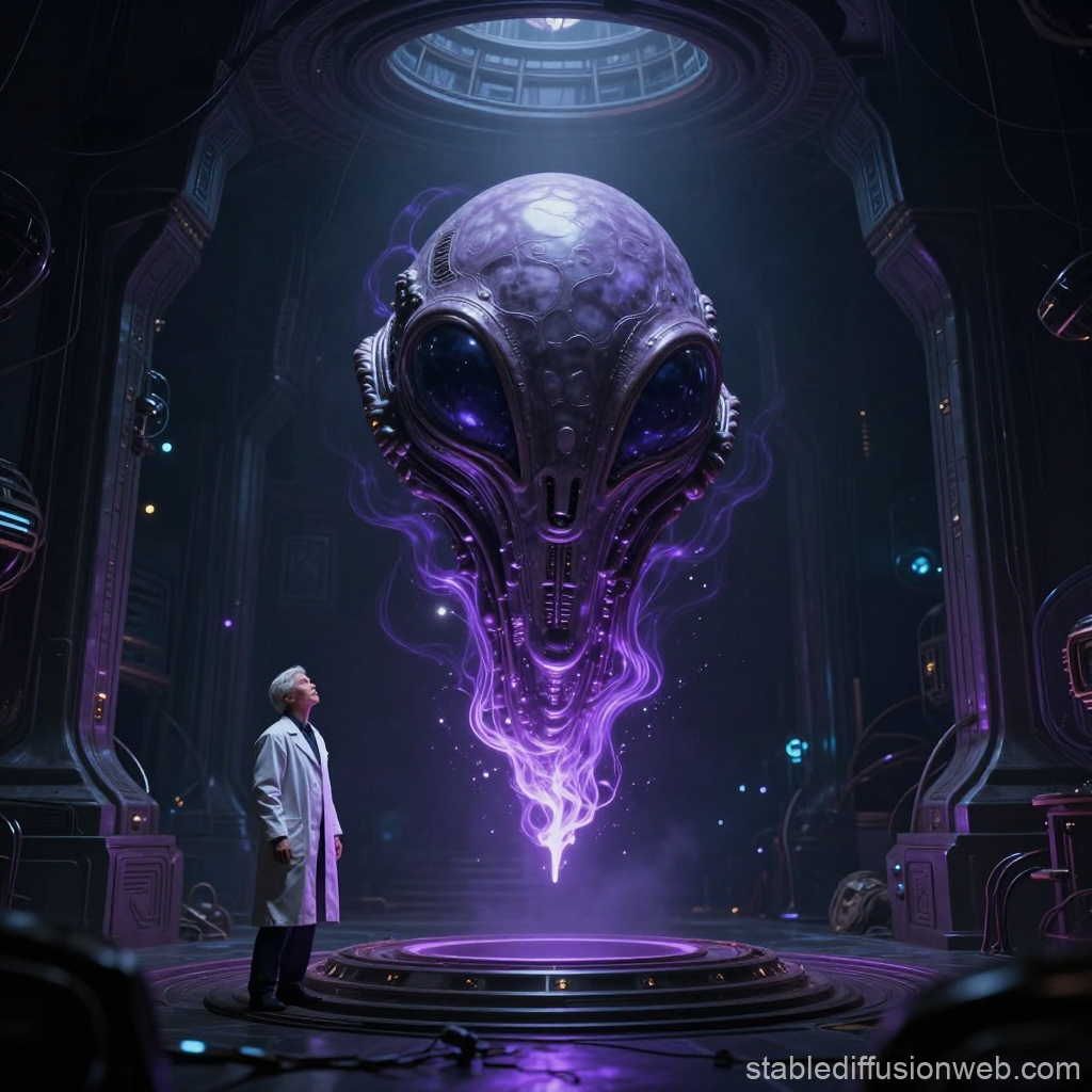 Scientist Observing a Floating Alien Artifact in a Futuristic Lab