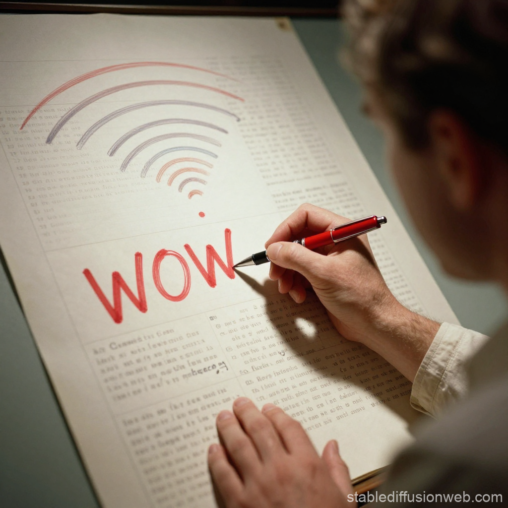 Scientist Writing 'WOW' with Wi-Fi Symbol on Paper