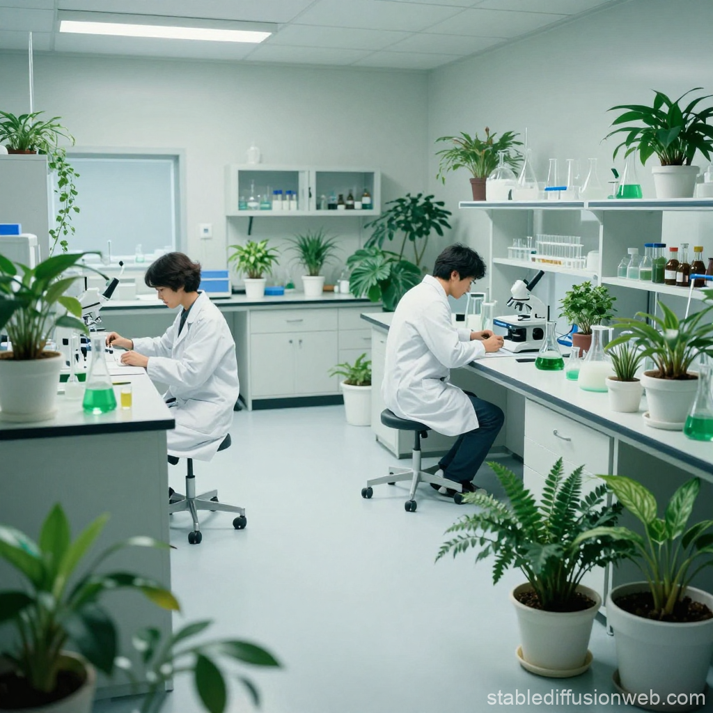 Scientists Working in a Plant-Filled Laboratory