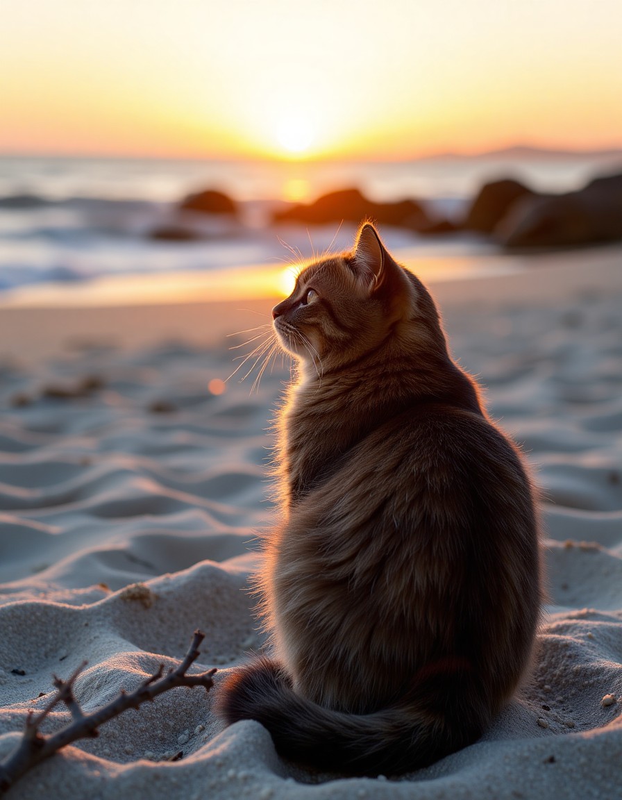 Scottish Fold Cat Sitting on Beach at Sunset