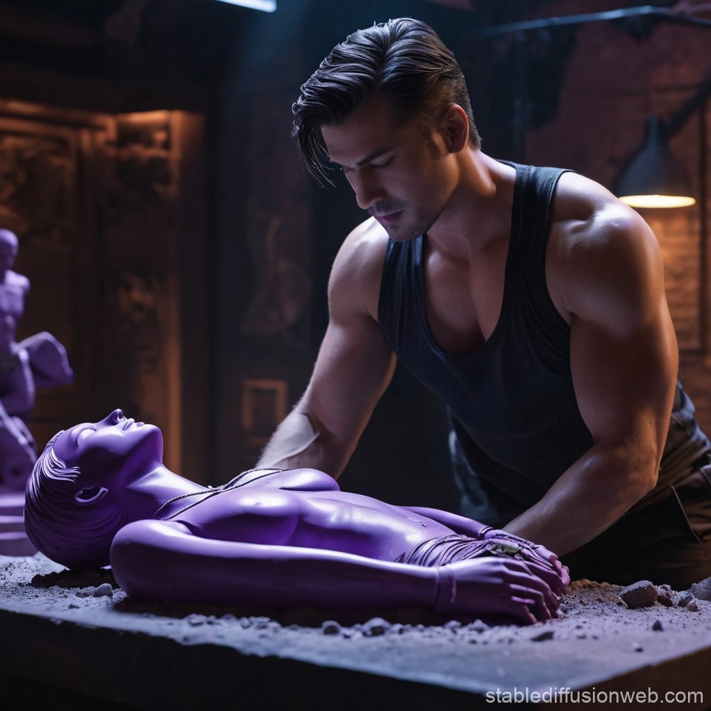 Sculptor Examining a Purple Statue in Dimly Lit Studio