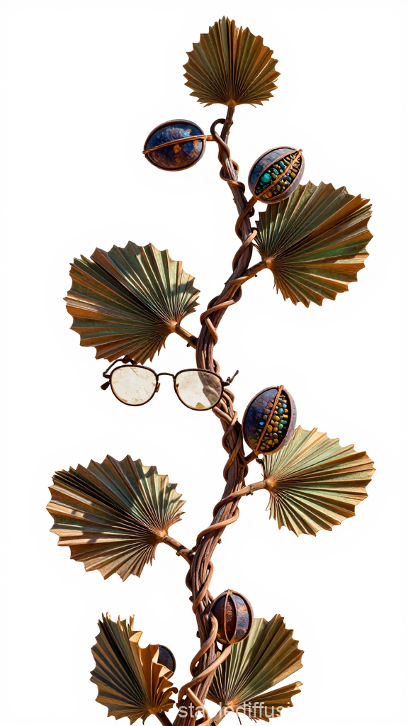 Sculptural Plant with Glasses and Decorative Pods