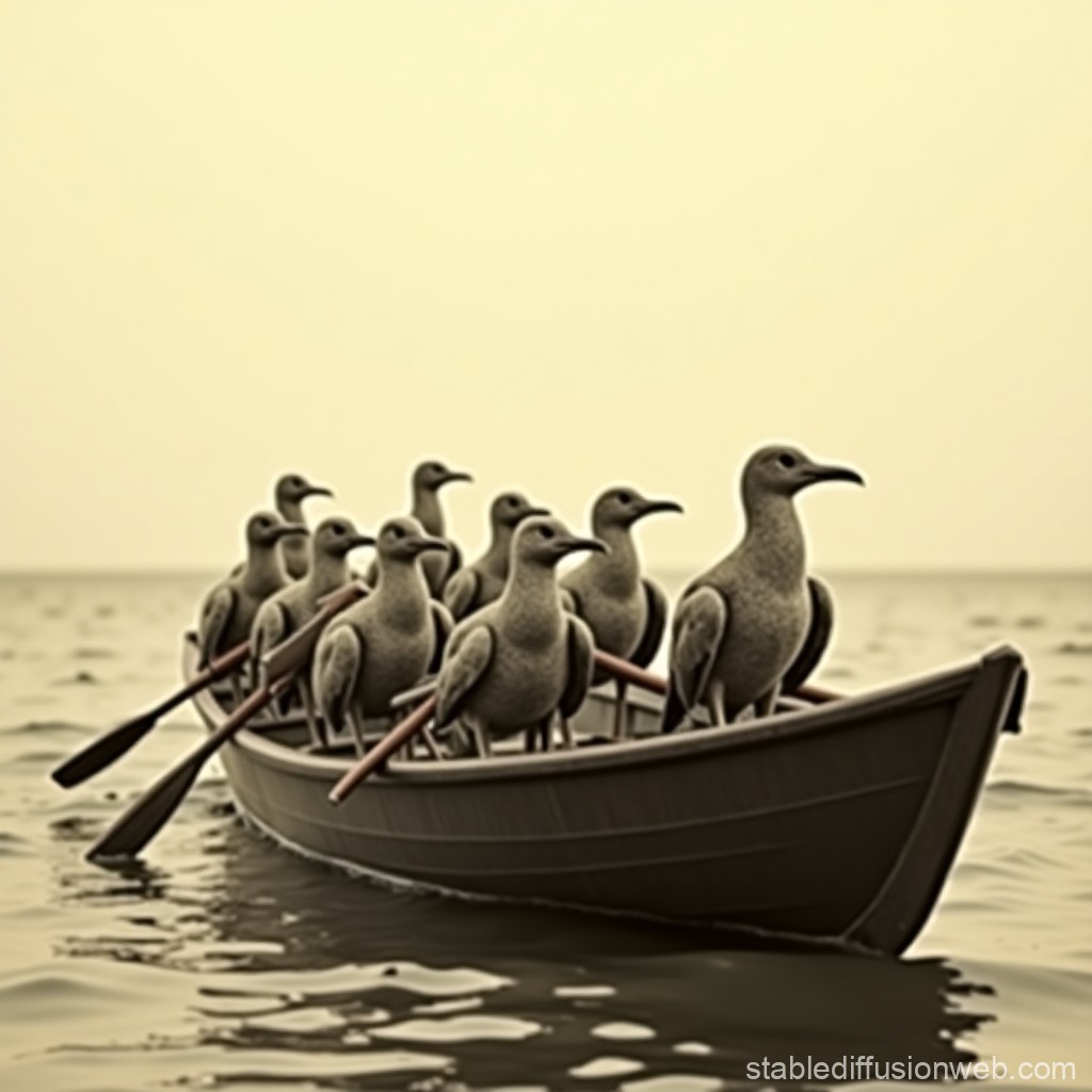 Seagulls Rowing a Boat on Calm Water