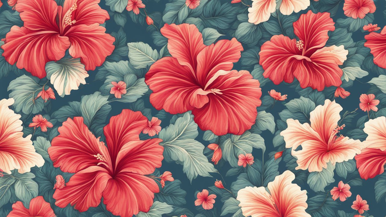 Seamless Hibiscus Floral Pattern with Lush Leaves