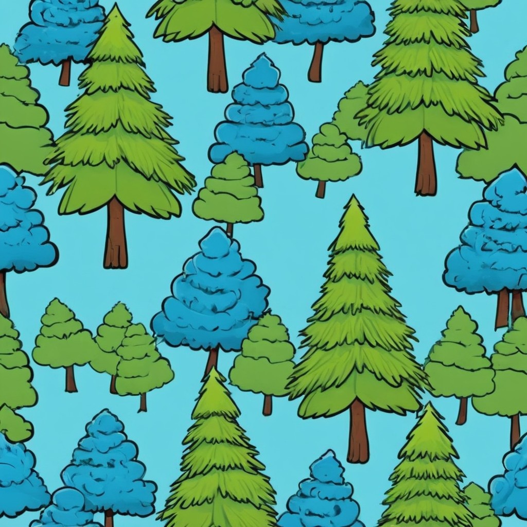 Seamless Pattern of Cartoon Green and Blue Trees