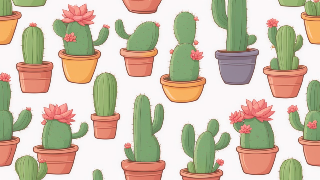 Seamless Pattern of Potted Cacti with Pink Flowers