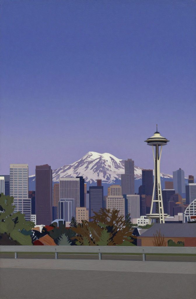 Seattle Cityscape with Mount Rainier in Mid-Century Style
