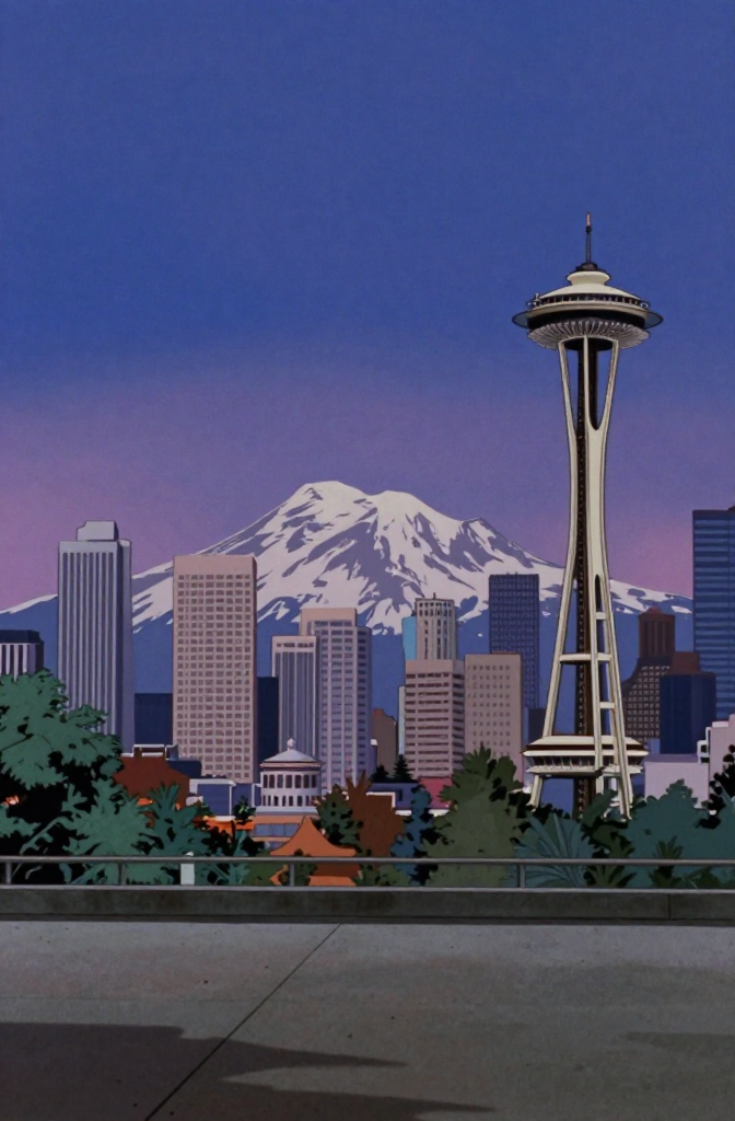 Seattle Cityscape with Space Needle and Mount Rainier at Dusk