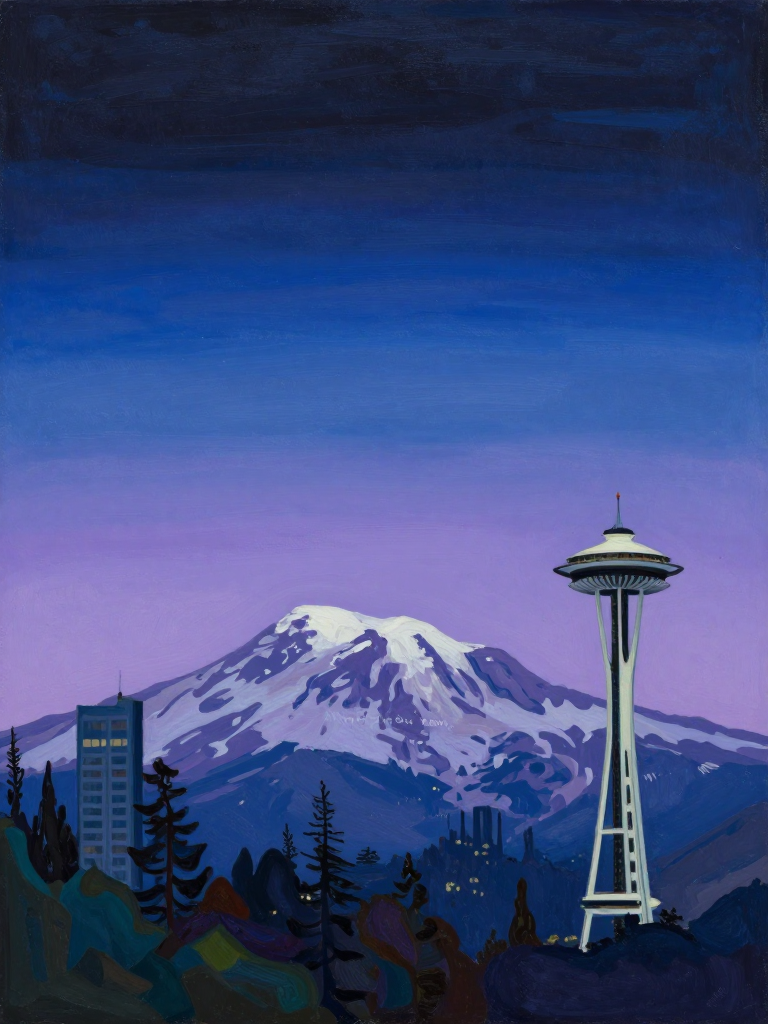 Seattle Landscape with Mount Rainier and Space Needle at Twilight
