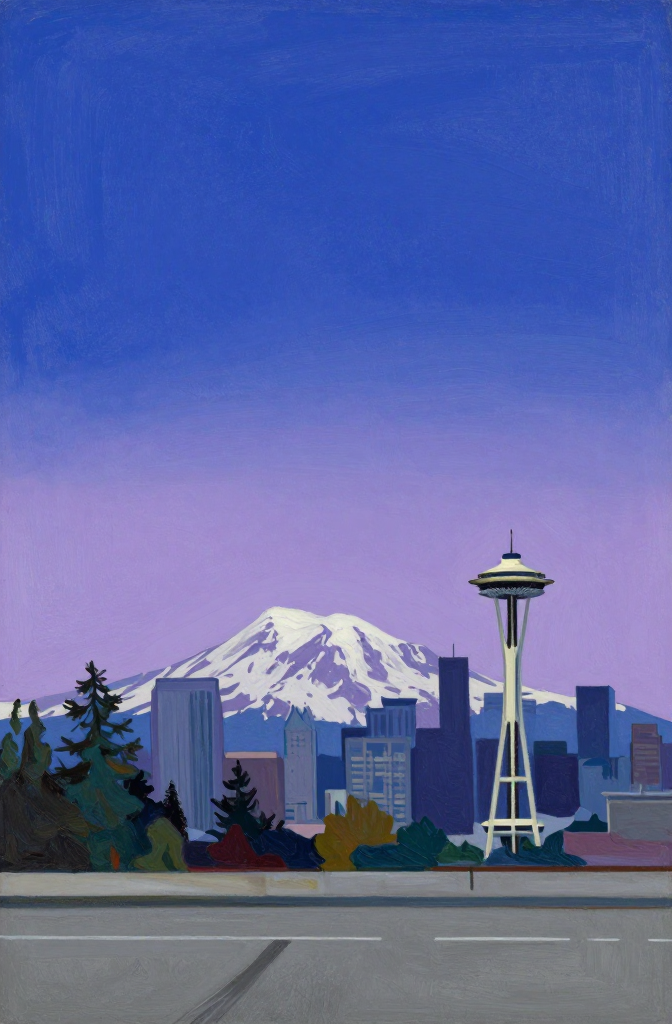 Seattle Skyline with Mount Rainier and Space Needle Illustration