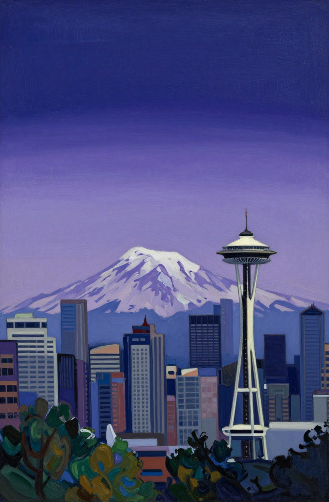 Seattle Skyline with Mount Rainier in Monochromatic Purple