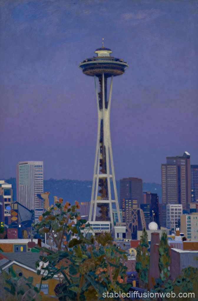 Seattle Space Needle at Dusk in Realistic Painting Style