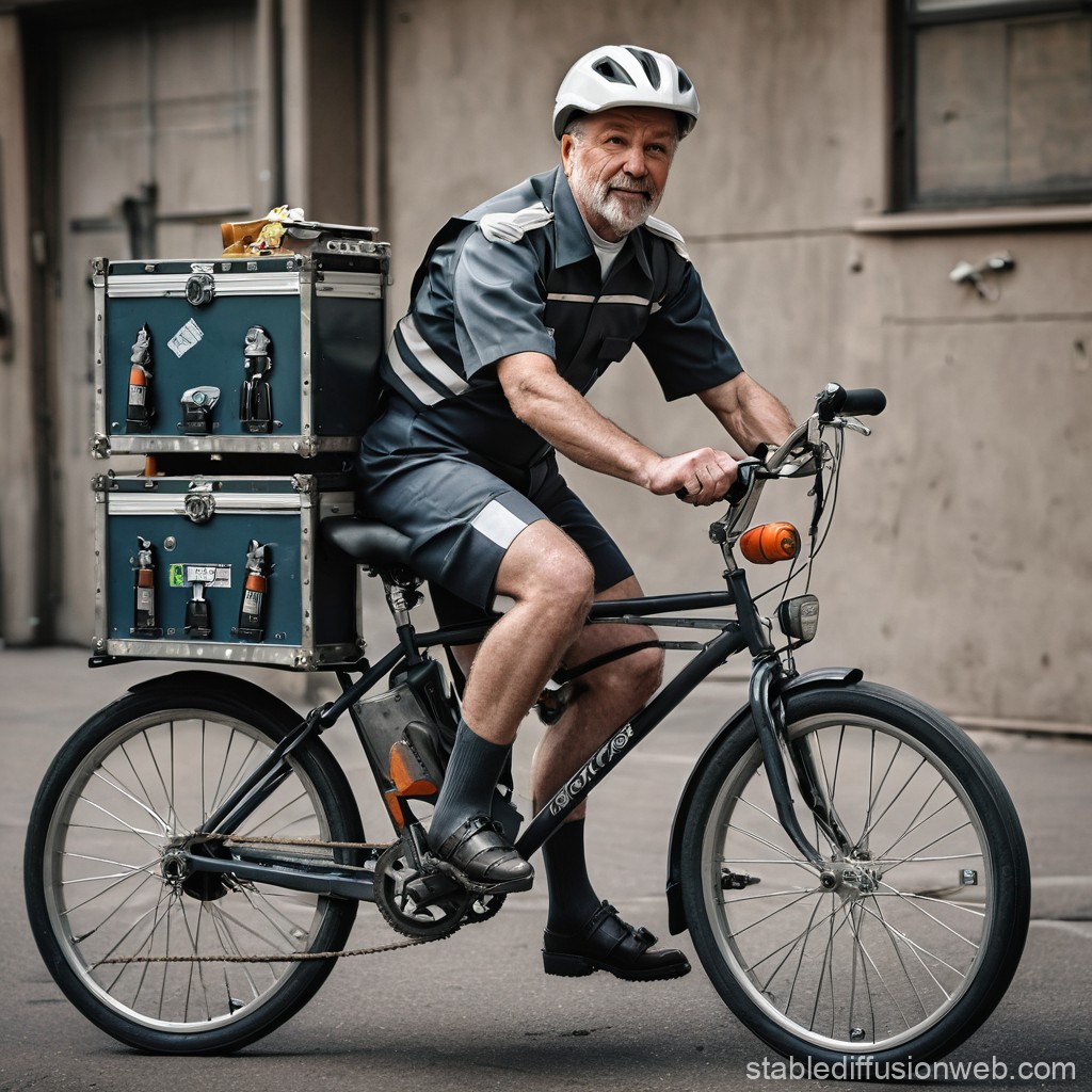 Senior Delivery Man Riding Bicycle with Cargo Boxes