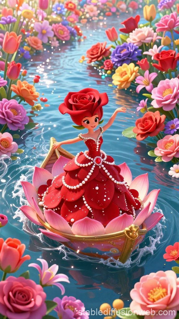 Sentient Rose Girl Sailing Through Floral River