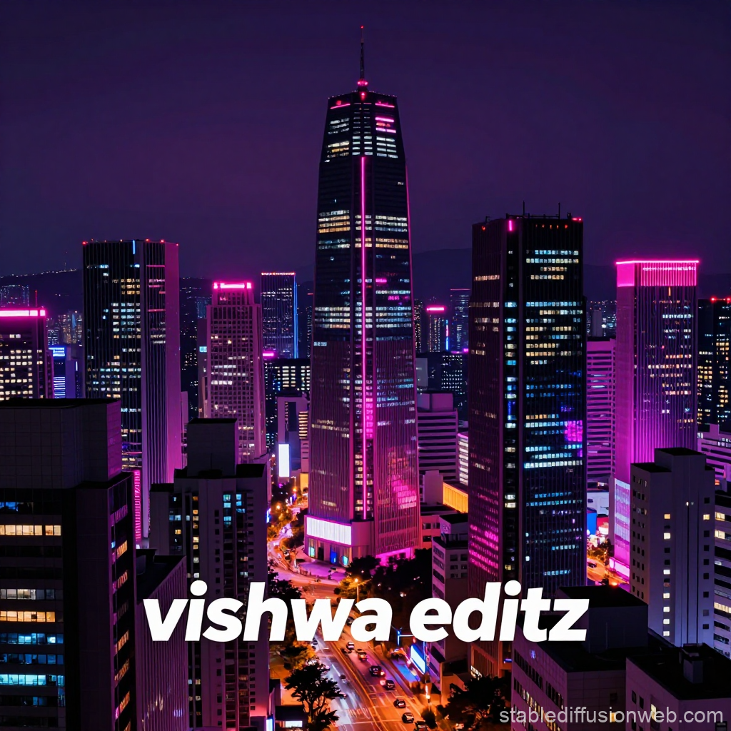 Seoul Cityscape at Night with Neon Pink Lights