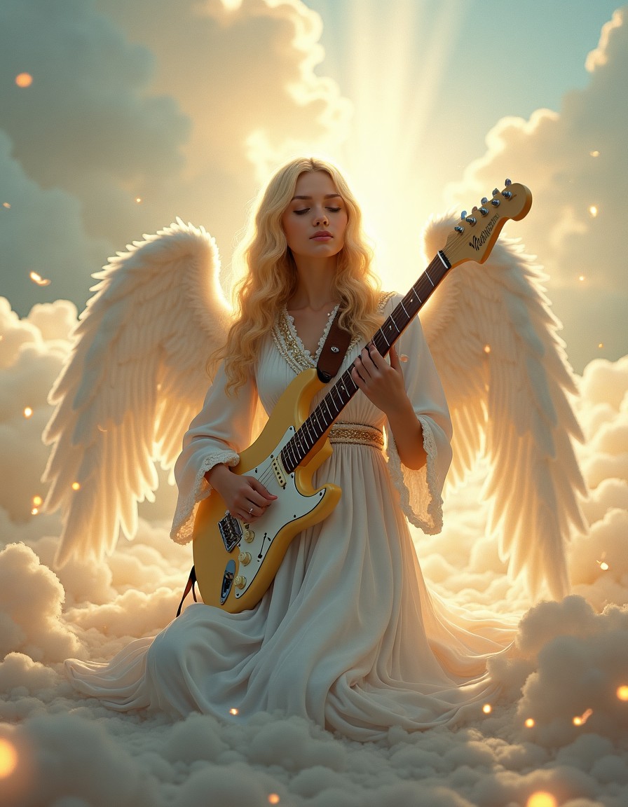 Serene Angel Playing Electric Guitar Amidst Clouds
