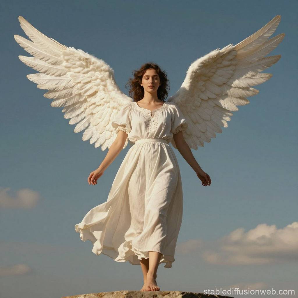 Serene Angel with Majestic White Wings in Flowing Dress