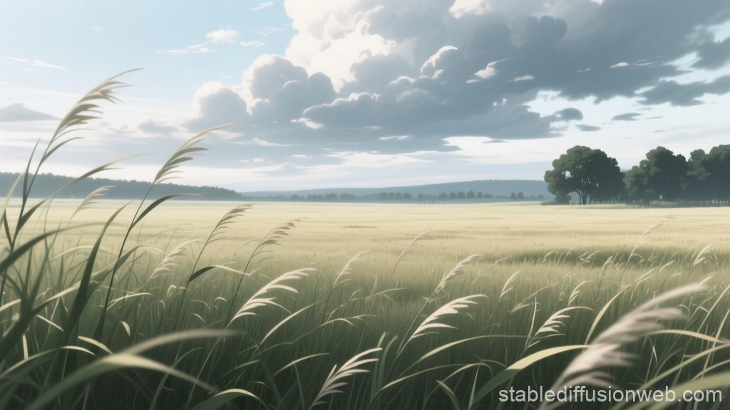 Serene Anime Landscape with Gentle Wind