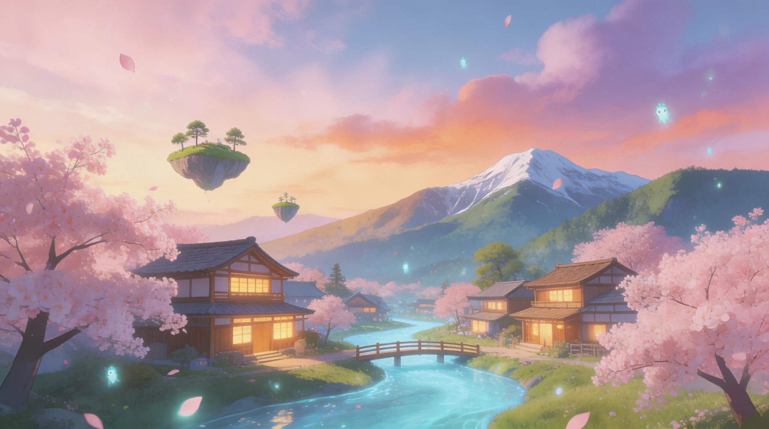Serene Anime Village with Floating Islands at Sunset