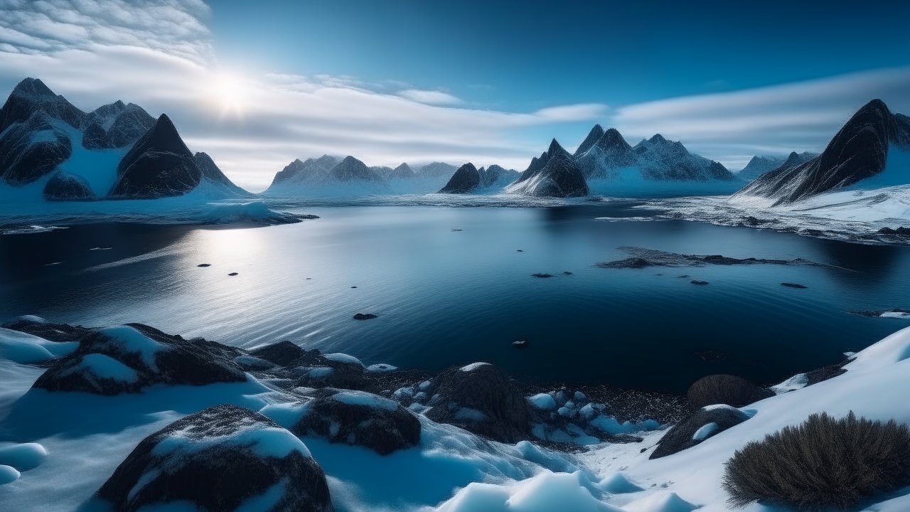 Serene Arctic Landscape with Snow-Covered Mountains and Calm Water