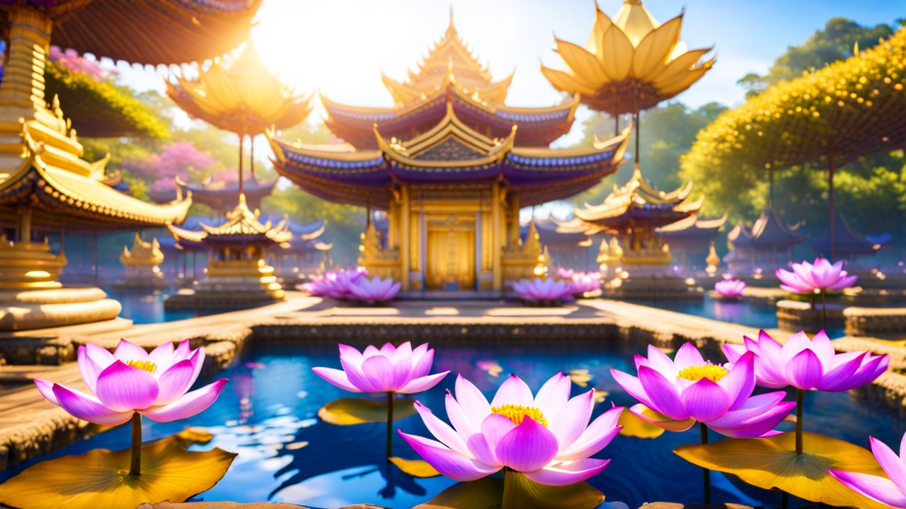 Serene Asian Temple with Vibrant Lotus Flowers at Sunrise