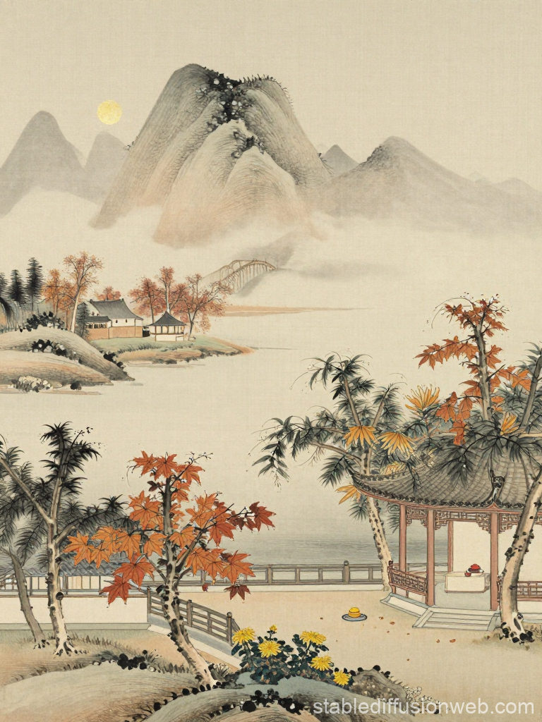 Serene Autumn Courtyard in Traditional Ink Painting