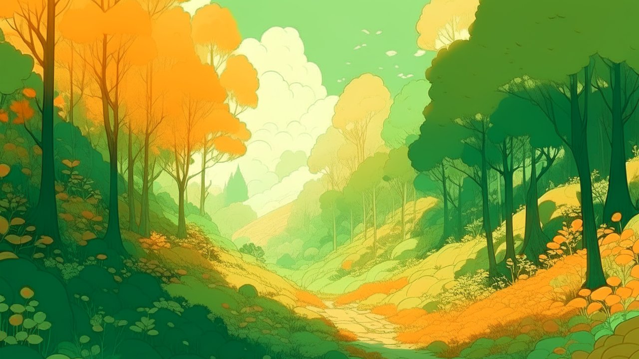 Serene Autumn Forest Path in Soft Anime Style