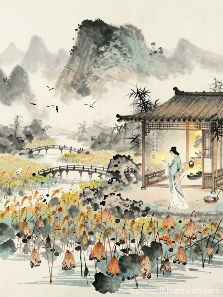 Serene Autumn Ink Landscape with Pavilion and Lotus Pond