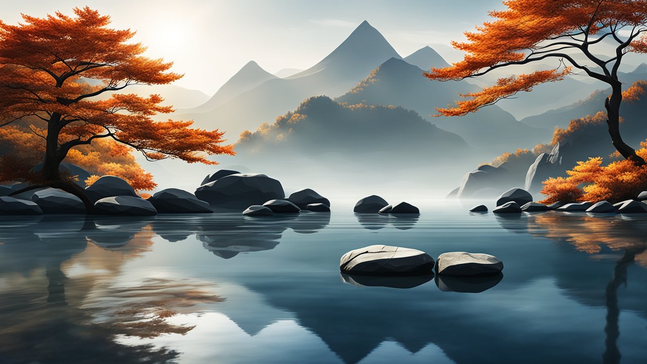 Serene Autumn Landscape with Misty Mountains and Reflective Lake