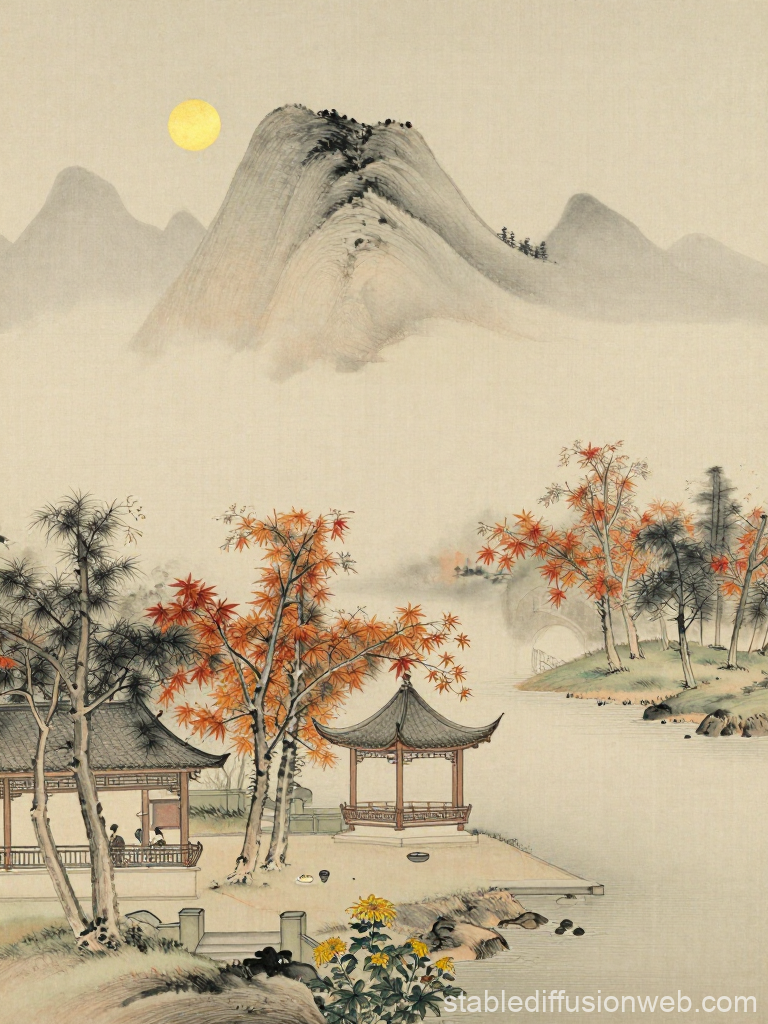 Serene Autumn Landscape with Traditional Pavilion and Mountains